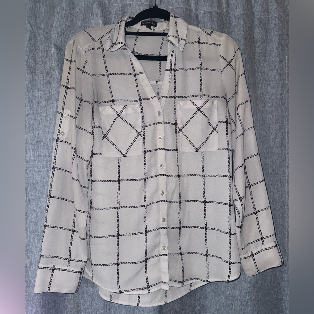 White and Black Sheer Checkered Button-Up Shirt